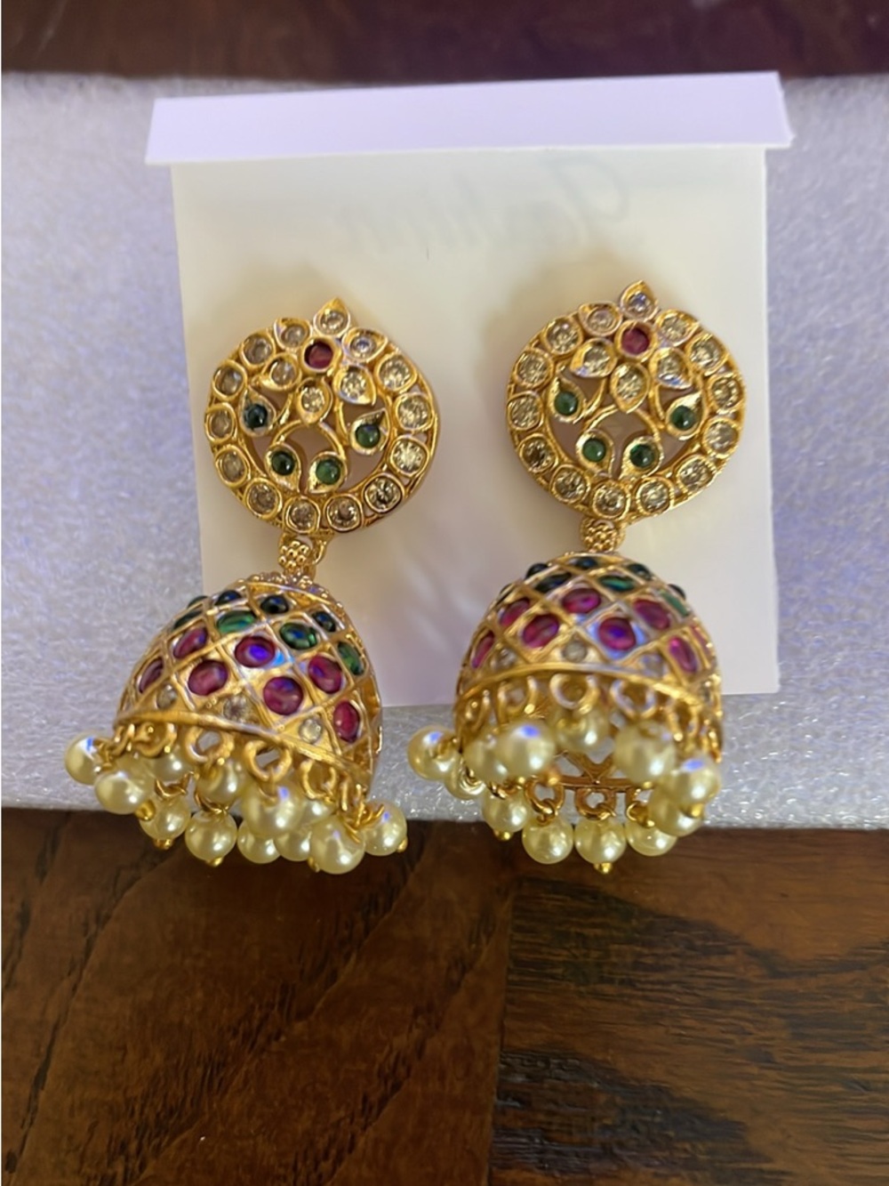 Gold-Tone Multicolor Jhumka Earrings with Pearl Drops